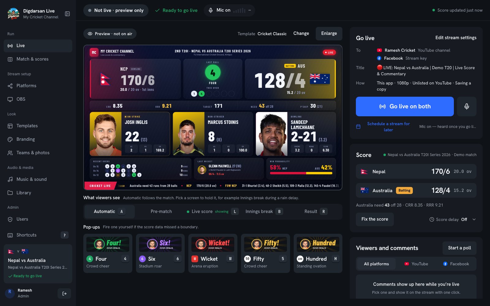 The Digdarsan Live control room: the stream preview, what viewers see, pop-up keys for Four, Six, Wicket, Fifty and Hundred, Go live, the score and viewers' comments
